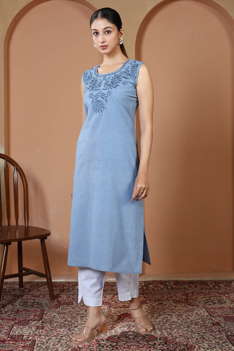 Light Blue Pure Cotton Embroidered Straight Kurta