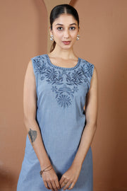 Light Blue Pure Cotton Embroidered Straight Kurta