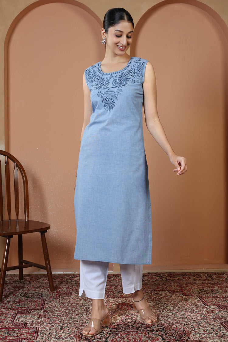 Light Blue Pure Cotton Embroidered Straight Kurta