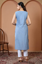 Light Blue Pure Cotton Embroidered Straight Kurta