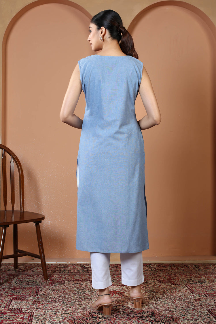 Light Blue Pure Cotton Embroidered Straight Kurta