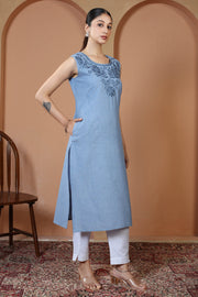 Light Blue Pure Cotton Embroidered Straight Kurta