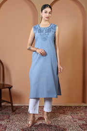 Light Blue Pure Cotton Embroidered Straight Kurta
