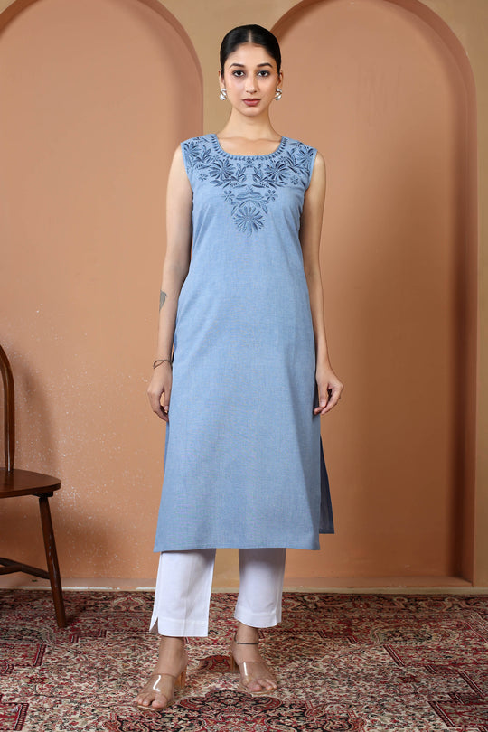 Light Blue Pure Cotton Embroidered Straight Kurta
