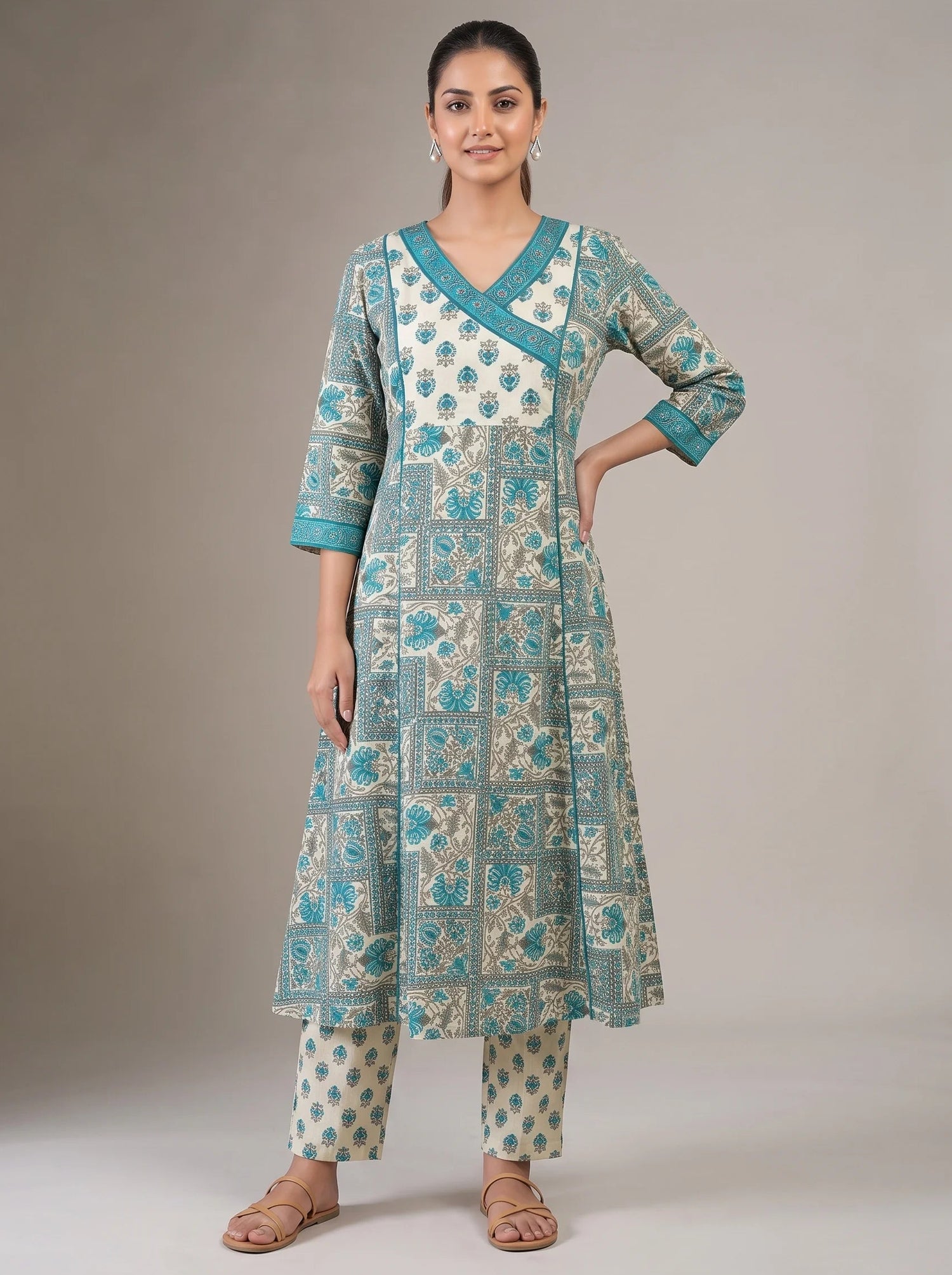 Sky Blue & Off White Cotton Printed A-Line Co-ord Set