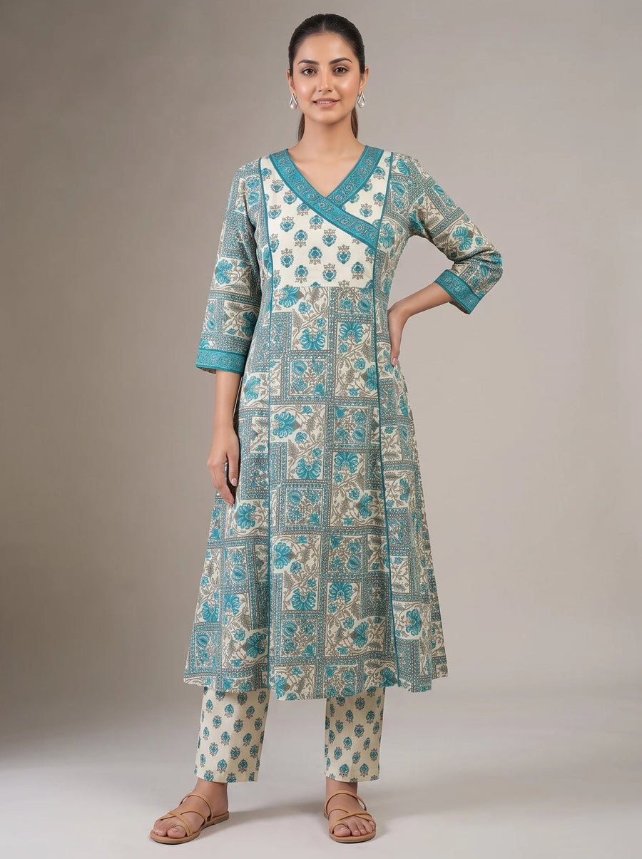 Sky Blue & Off White Cotton Printed A-Line Co-ord Set