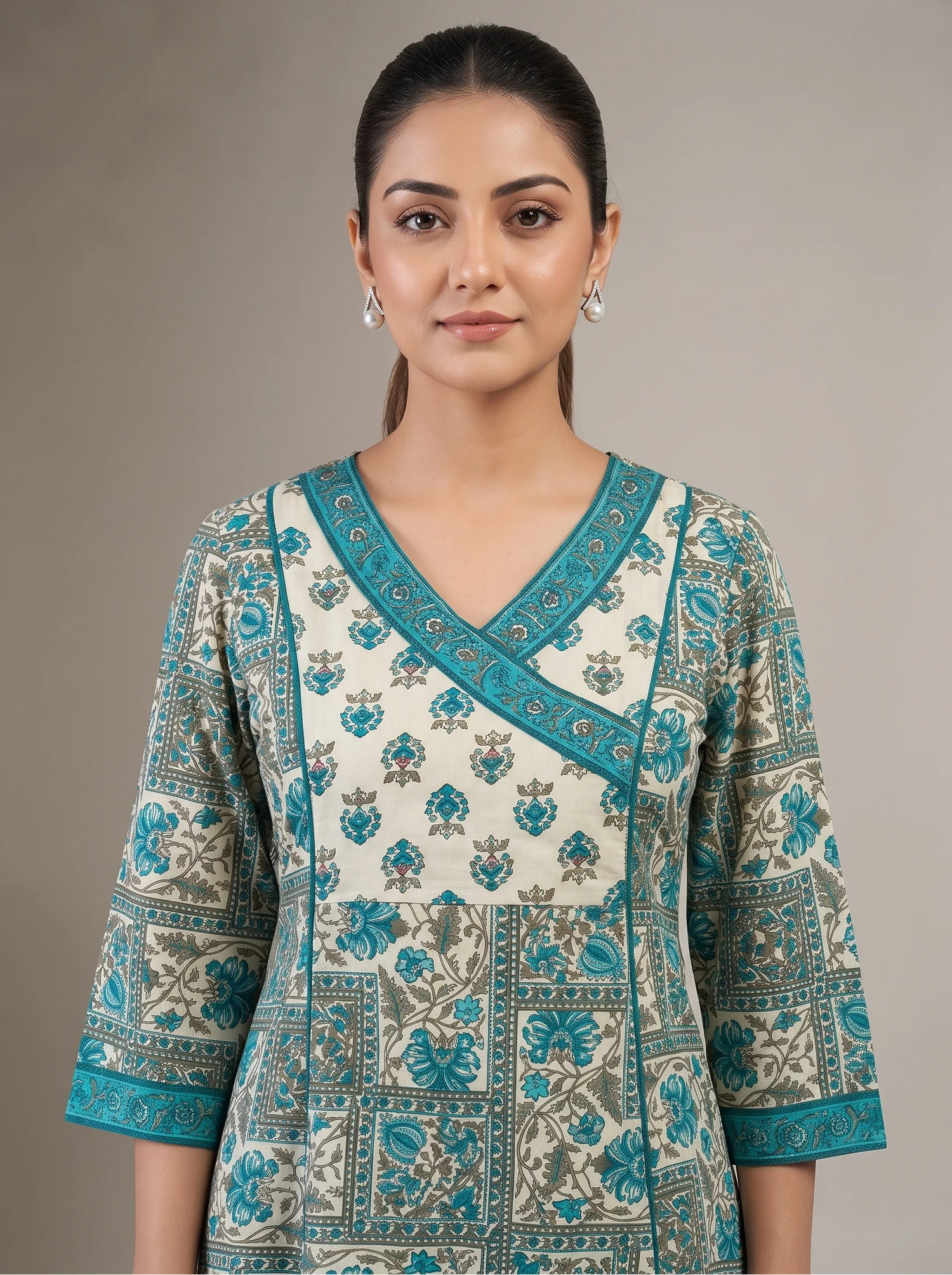 Sky Blue & Off White Cotton Printed A-Line Co-ord Set