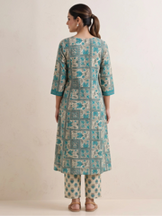 Sky Blue & Off White Cotton Printed A-Line Co-ord Set