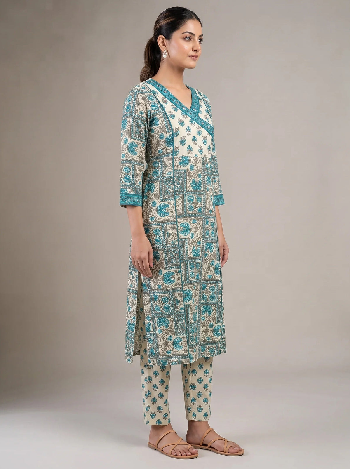 Sky Blue & Off White Cotton Printed A-Line Co-ord Set