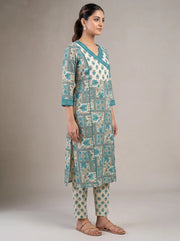 Sky Blue & Off White Cotton Printed A-Line Co-ord Set