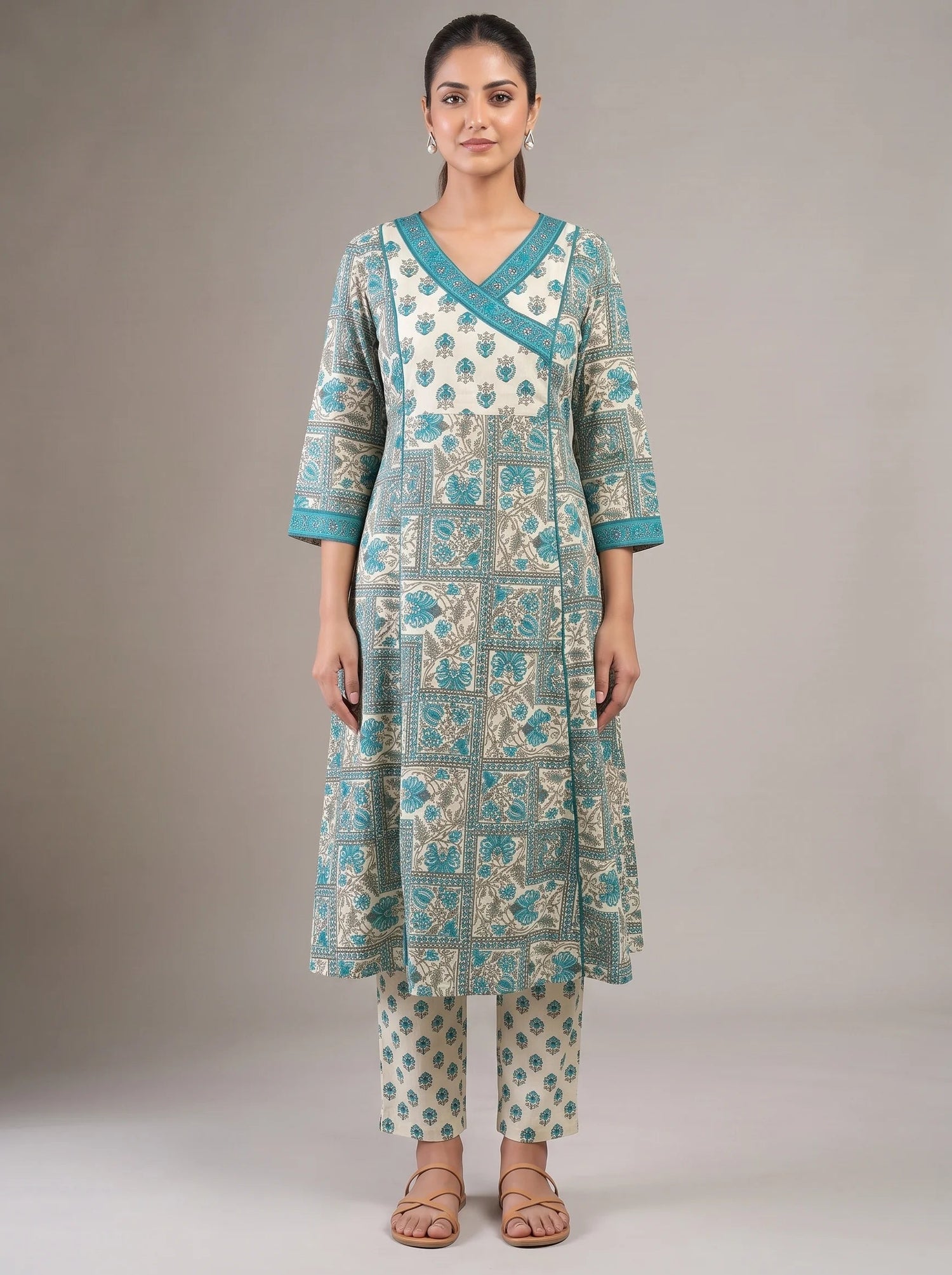 Sky Blue & Off White Cotton Printed A-Line Co-ord Set
