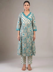 Sky Blue & Off White Cotton Printed A-Line Co-ord Set