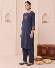 Navy Blue Pure Cotton Abstract Embroidered Kurta