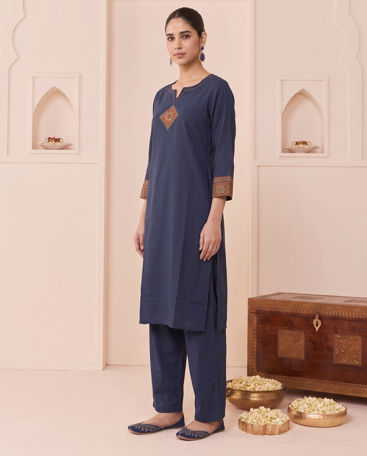Navy Blue Pure Cotton Abstract Embroidered Kurta
