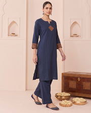 Navy Blue Pure Cotton Abstract Embroidered Kurta