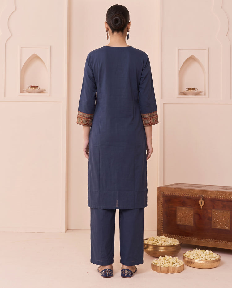 Navy Blue Pure Cotton Abstract Embroidered Kurta