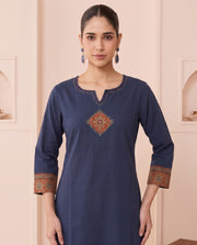 Navy Blue Pure Cotton Abstract Embroidered Kurta