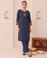 Navy Blue Pure Cotton Abstract Embroidered Kurta