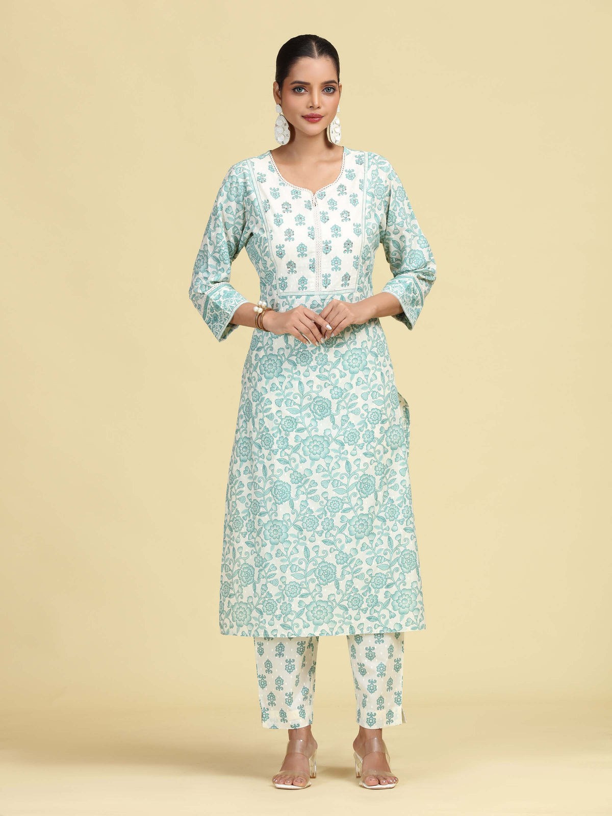 Off White & Mint Green Pure Cotton Floral Printed Co-Ord Set