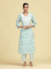 Off White & Mint Green Pure Cotton Floral Printed Co-Ord Set