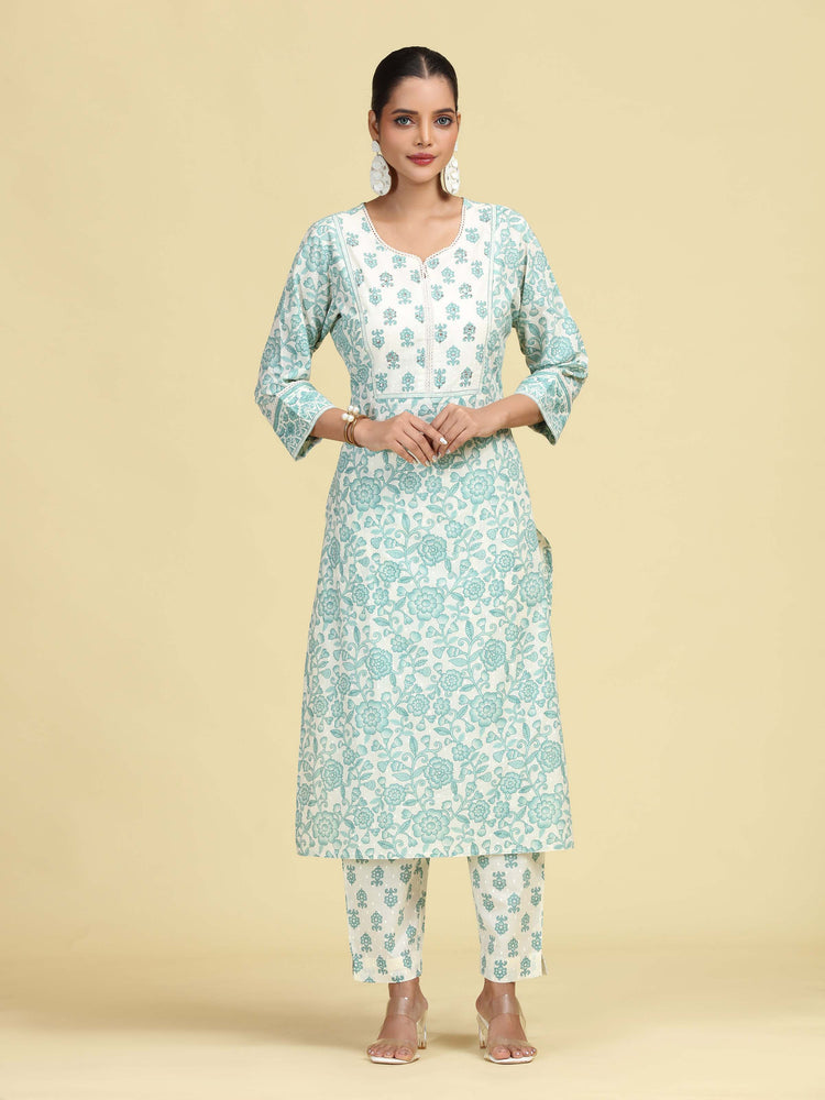 Off White & Mint Green Pure Cotton Floral Printed Co-Ord Set