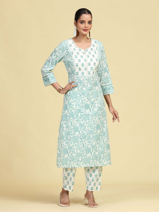 Off White & Mint Green Pure Cotton Floral Printed Co-Ord Set