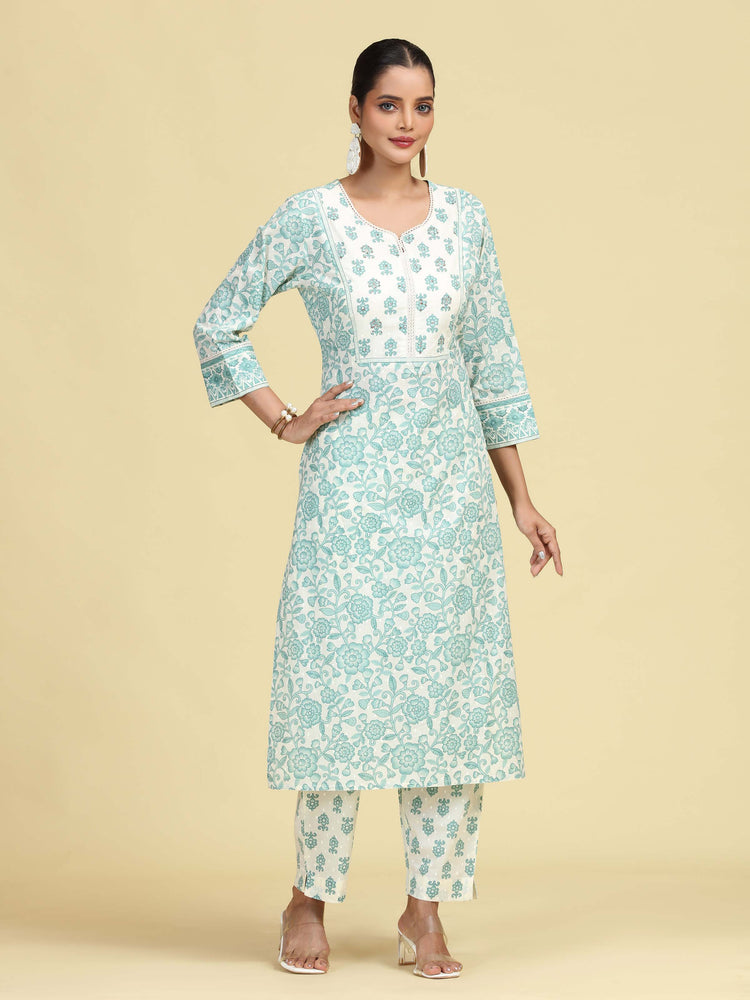 Off White & Mint Green Pure Cotton Floral Printed Co-Ord Set