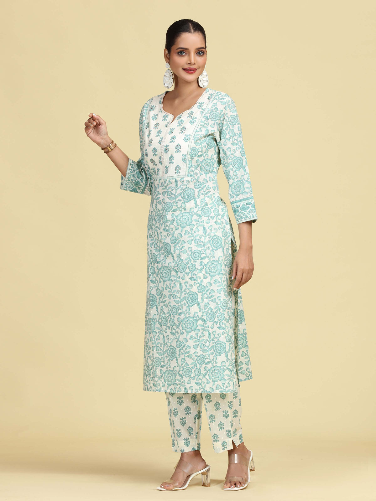 Off White & Mint Green Pure Cotton Floral Printed Co-Ord Set