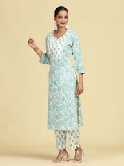 Off White & Mint Green Pure Cotton Floral Printed Co-Ord Set