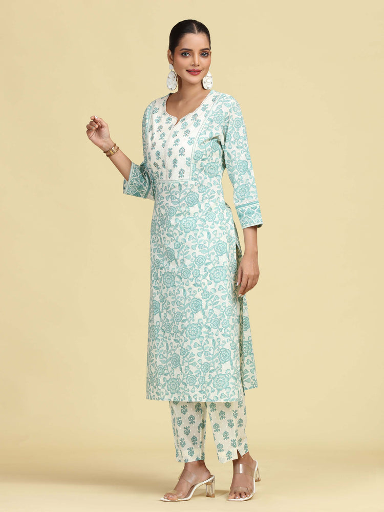 Off White & Mint Green Pure Cotton Floral Printed Co-Ord Set