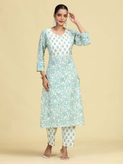 Off White & Mint Green Pure Cotton Floral Printed Co-Ord Set