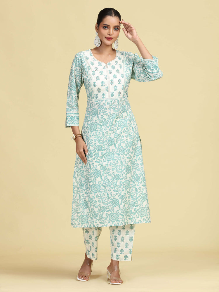 Off White & Mint Green Pure Cotton Floral Printed Co-Ord Set