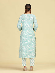 Off White & Mint Green Pure Cotton Floral Printed Co-Ord Set