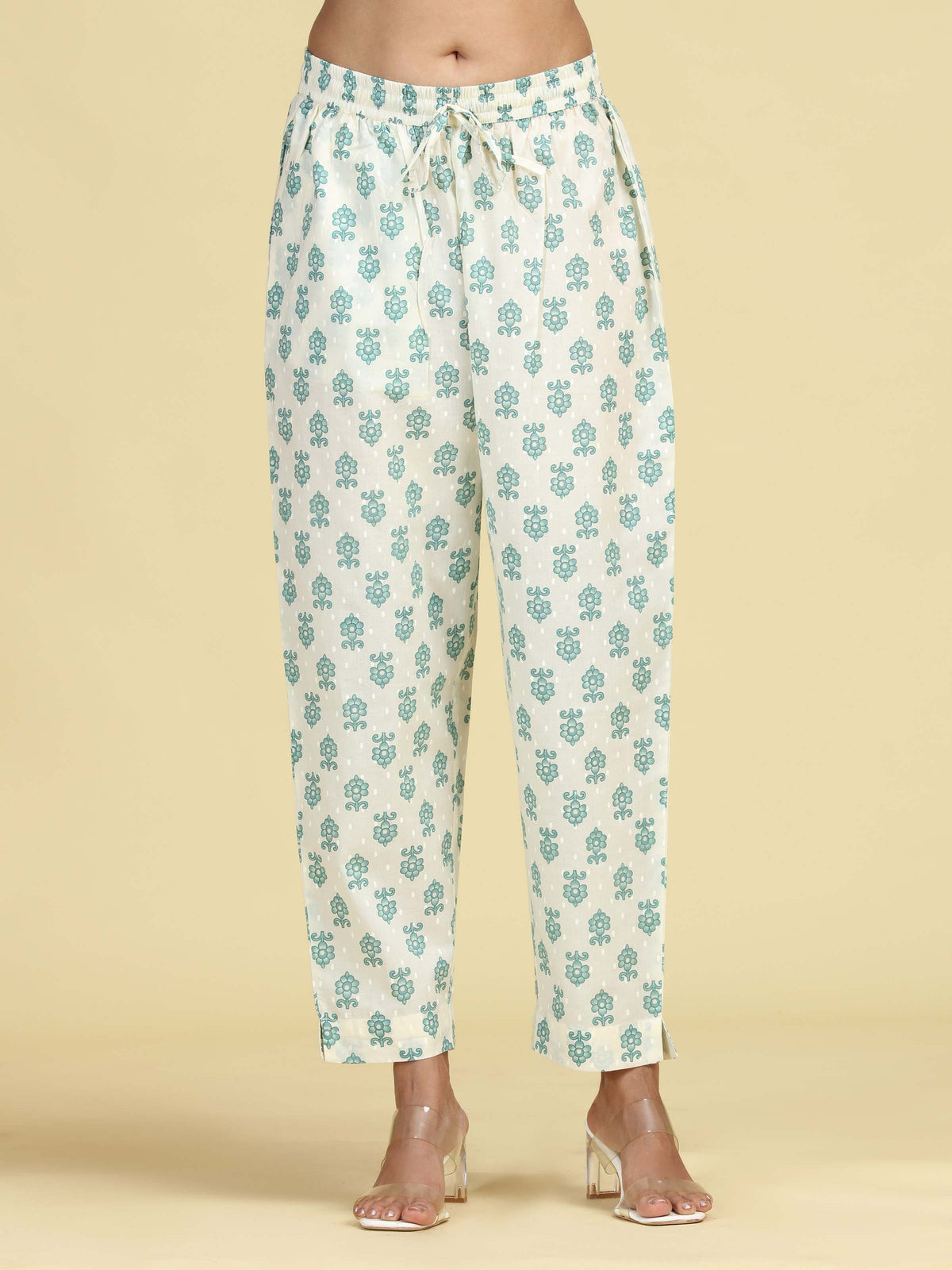 Off White & Mint Green Pure Cotton Floral Printed Co-Ord Set