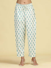 Off White & Mint Green Pure Cotton Floral Printed Co-Ord Set