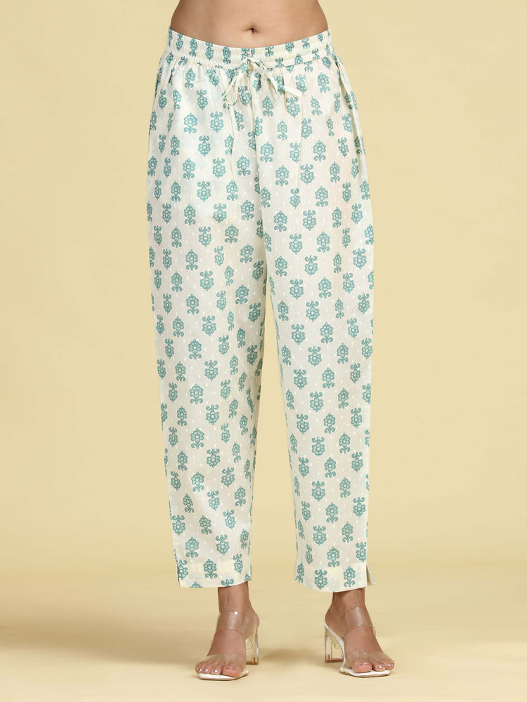 Off White & Mint Green Pure Cotton Floral Printed Co-Ord Set