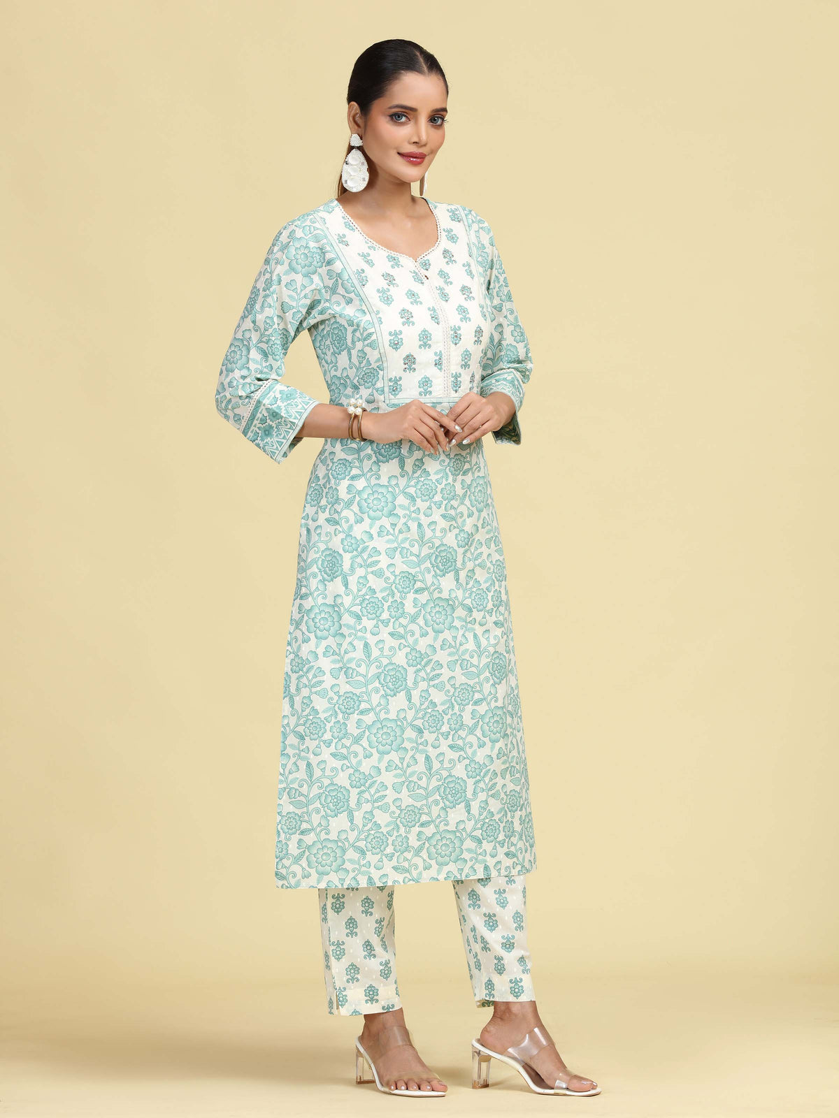 Off White & Mint Green Pure Cotton Floral Printed Co-Ord Set