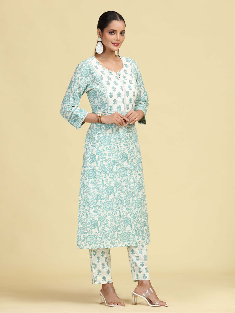 Off White & Mint Green Pure Cotton Floral Printed Co-Ord Set