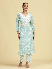 Off White & Mint Green Pure Cotton Floral Printed Co-Ord Set