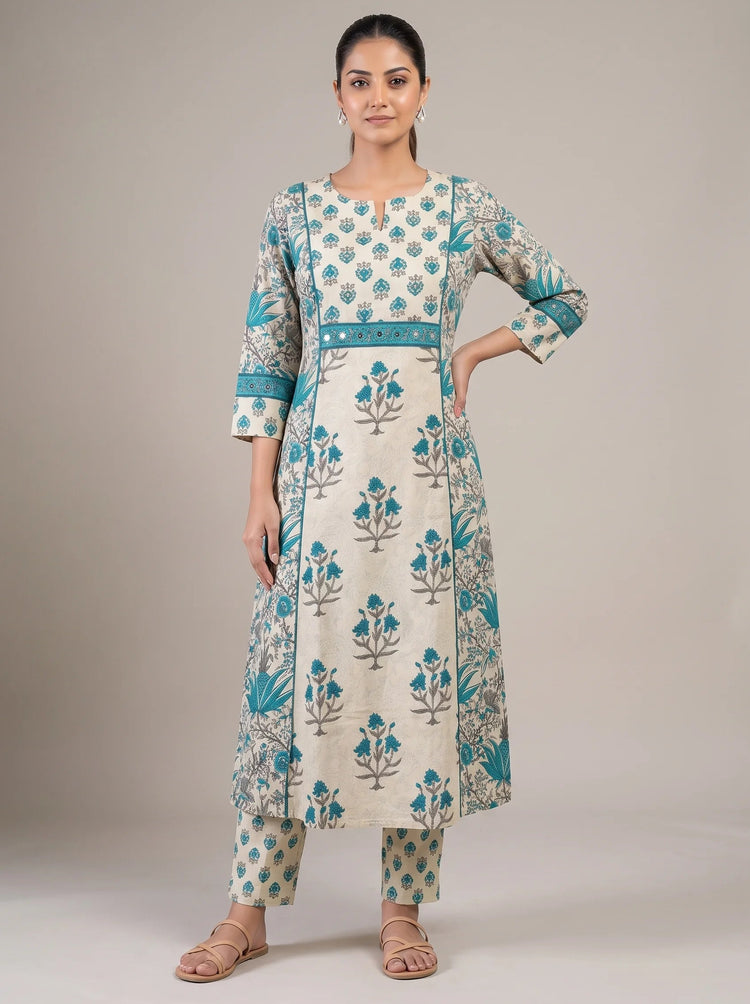 Sky Blue & Off White Cotton Printed A-Line Ethnic Suit Set
