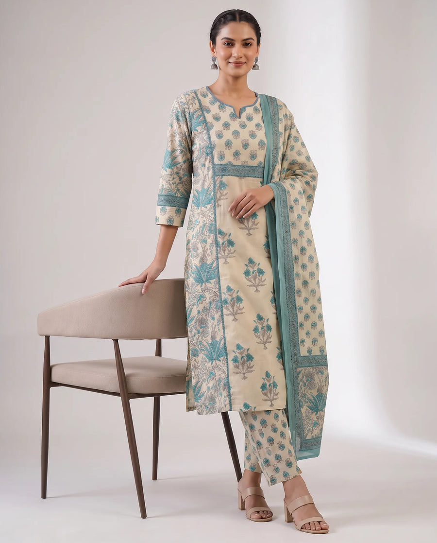 Sky Blue & Off White Cotton Printed A-Line Ethnic Suit Set