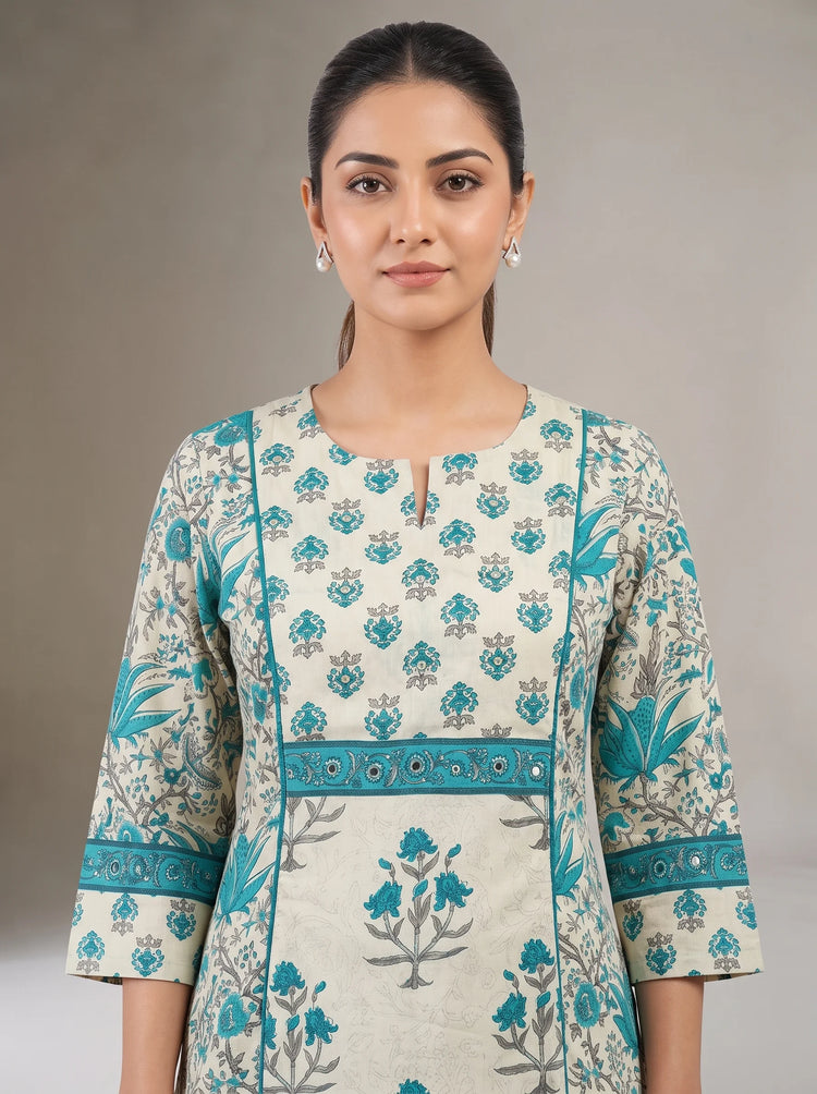 Sky Blue & Off White Cotton Printed A-Line Ethnic Suit Set
