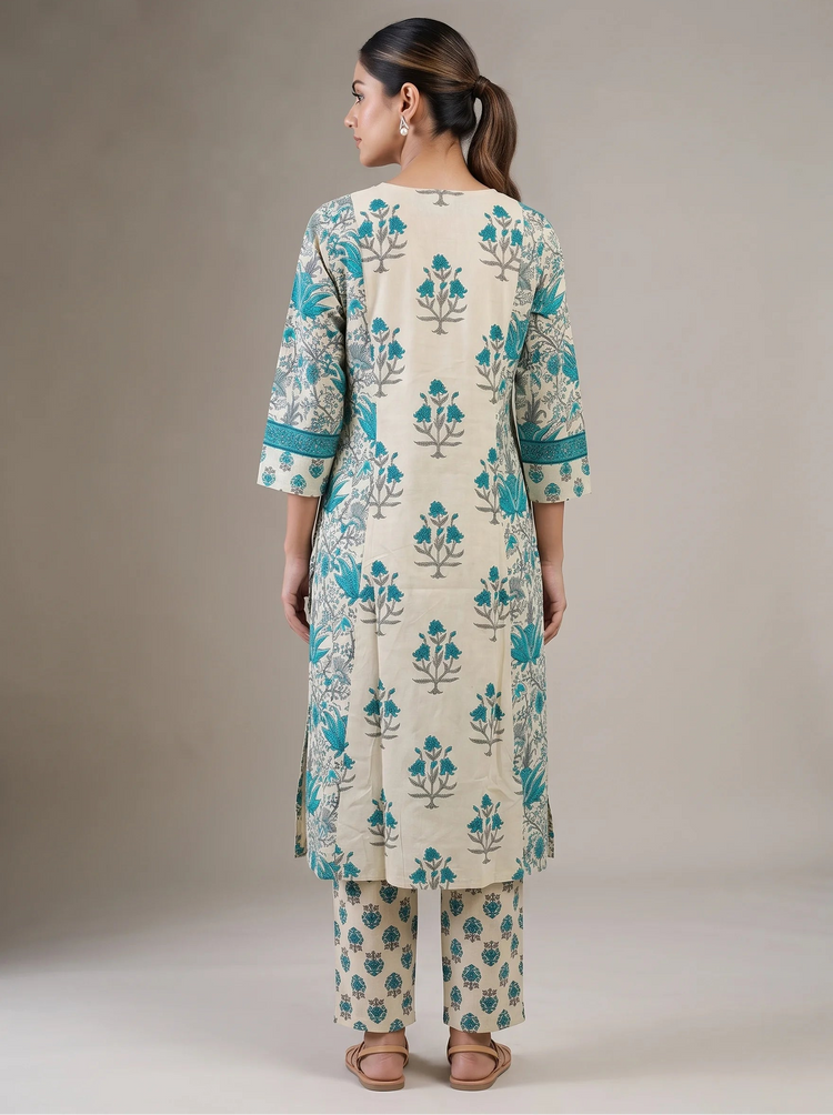 Sky Blue & Off White Cotton Printed A-Line Ethnic Suit Set