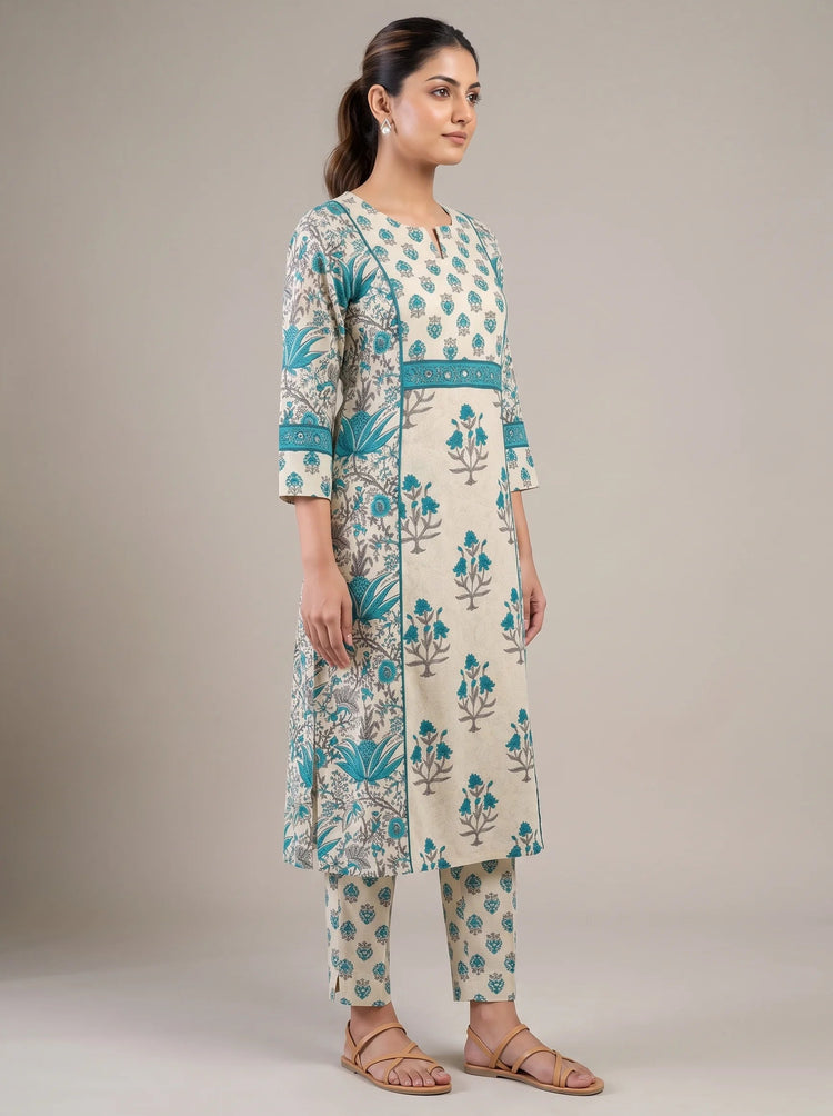 Sky Blue & Off White Cotton Printed A-Line Ethnic Suit Set