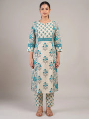 Sky Blue & Off White Cotton Printed A-Line Ethnic Suit Set