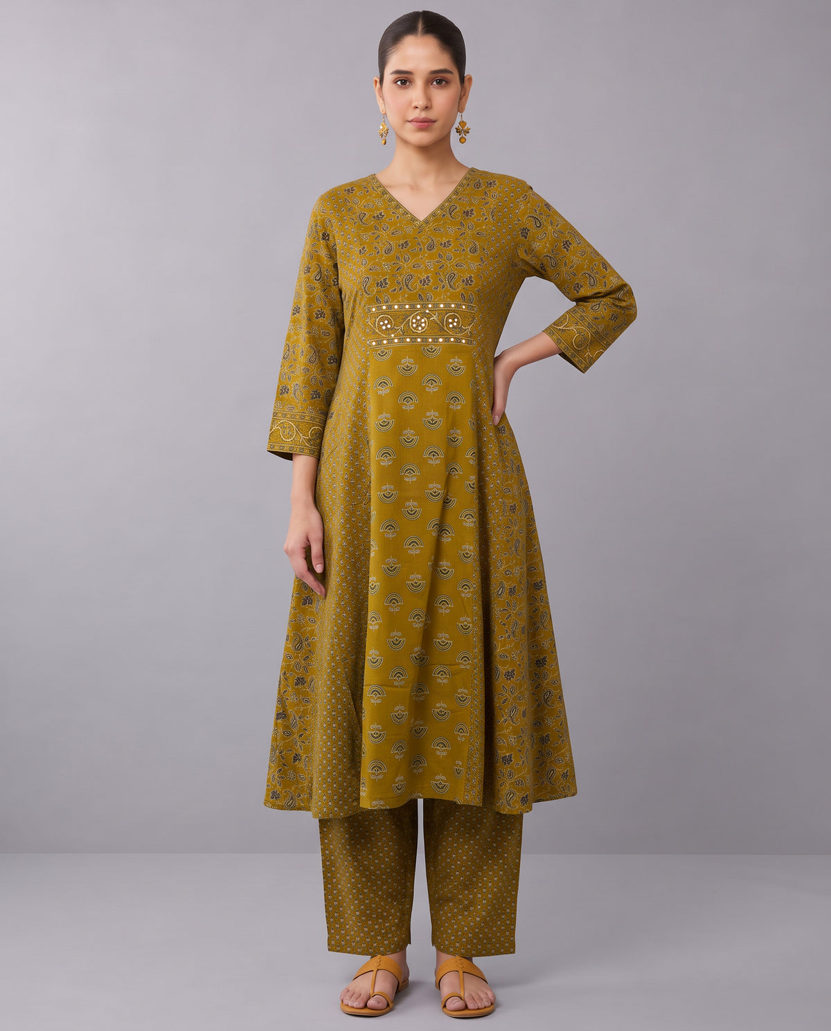Mustard Floral Print Pure Cotton Ethnic Set