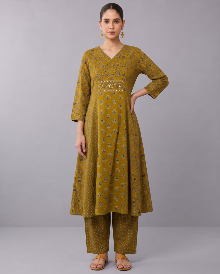 Mustard Floral Print Pure Cotton Ethnic Set
