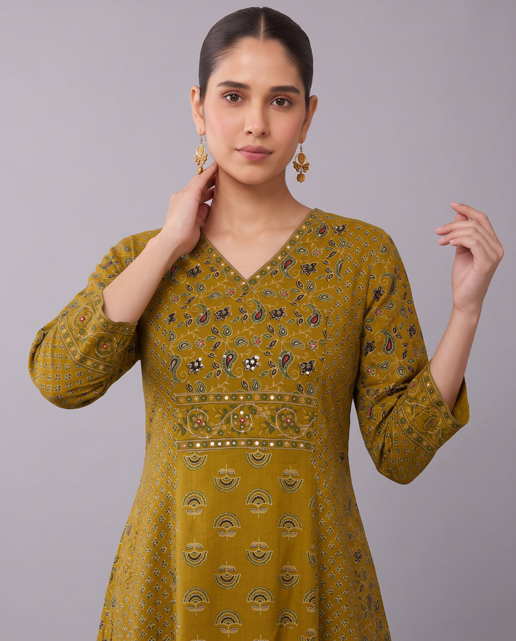 Mustard Floral Print Pure Cotton Ethnic Set