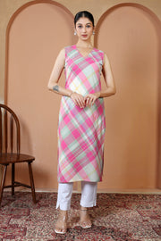 Off White & Pink Pure Cotton Checked Straight Kurta