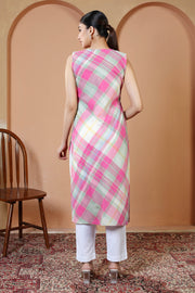 Off White & Pink Pure Cotton Checked Straight Kurta